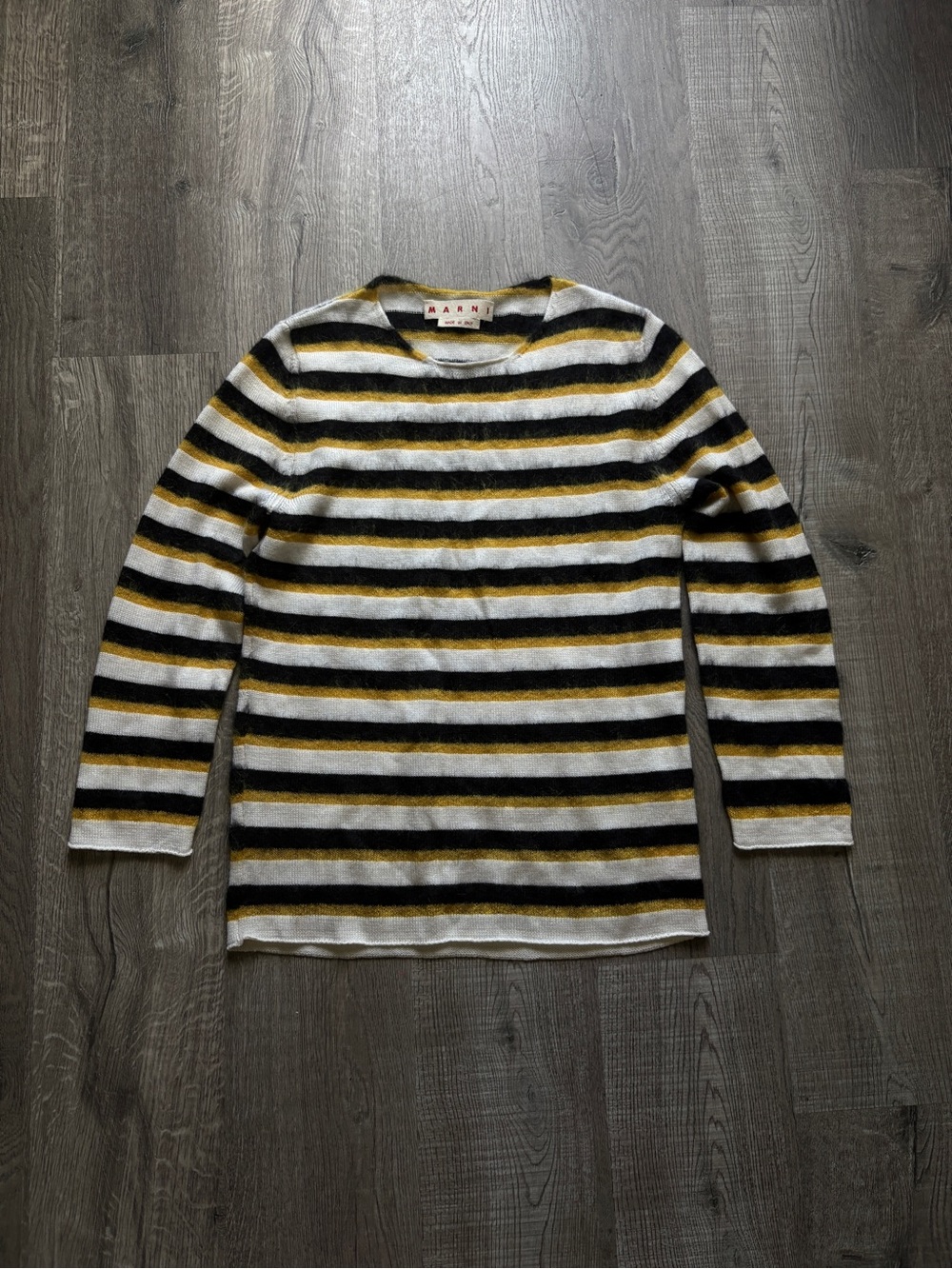 Marni Striped Crewneck Sweater in White, Black & Mustard